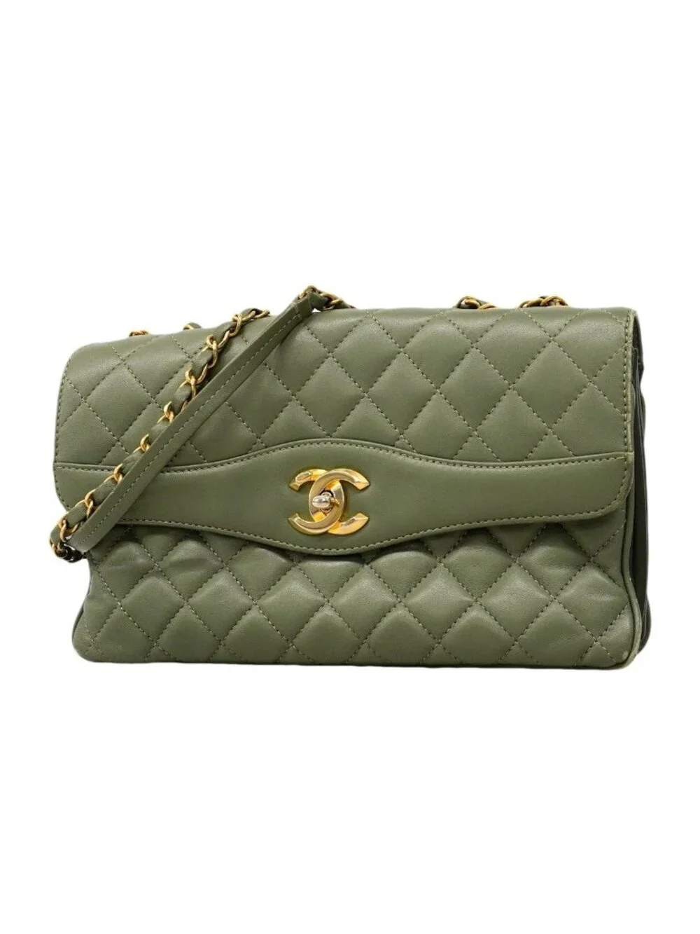 Chanel Shoulder Bag Quilted Lambskin Green Gold